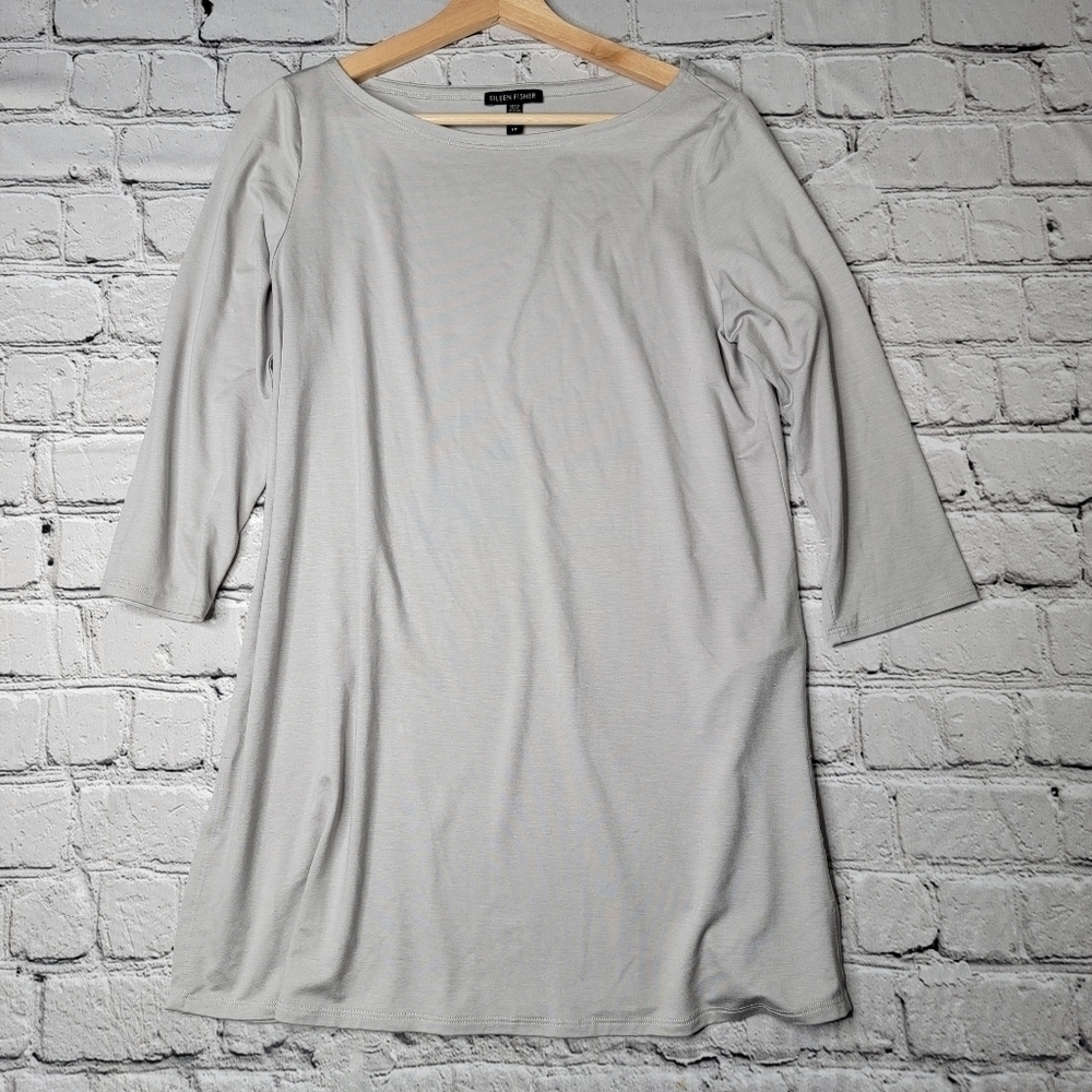 Eileen Fisher Silver‎ Gray Cropped Sleeve Tunic Boatneck Top Size S